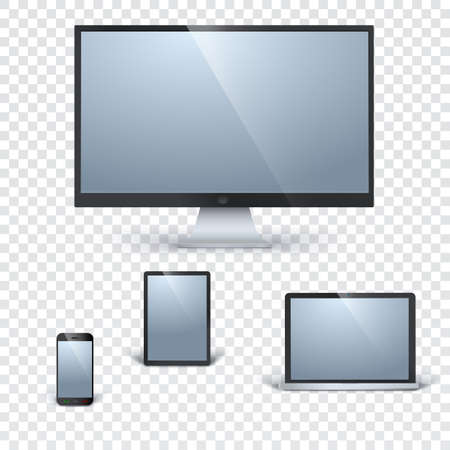Realistic vector laptop, tablet computer, monitor and mobile phone template on trasparent background. Vector gadgets mock-up with shine. Computer and communication, display vector illustrationのイラスト素材