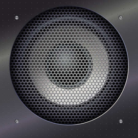 Background with sound speakers dynamics and metal mesh. Background of polished metal with flare, patches of light. Audio speaker on a shiny metal background with bolts. Vector Illustration.のイラスト素材
