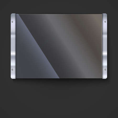 Glass plate with metal frame and bolts on the background of polished metal. Banner of glass and metal frame with reflexes. Technological background for your designのイラスト素材