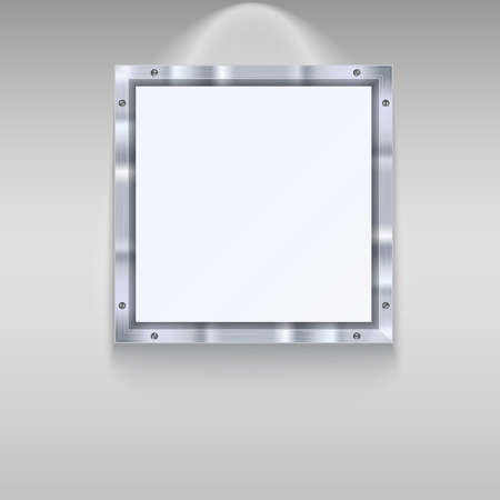 White plate with metal frame and bolts on wall background. White banner and metal frame with reflexes. Technological background for your designのイラスト素材