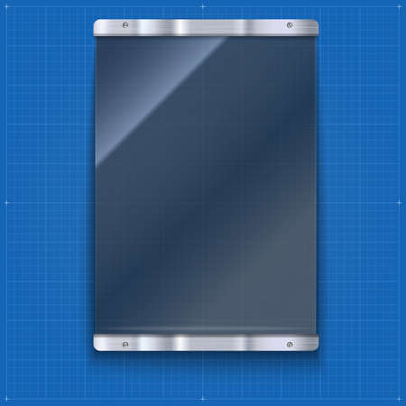 Glass plate with metal frame and bolts on the blueprint background. Banner of glass and metal frame with reflexes. Technological background for your designのイラスト素材