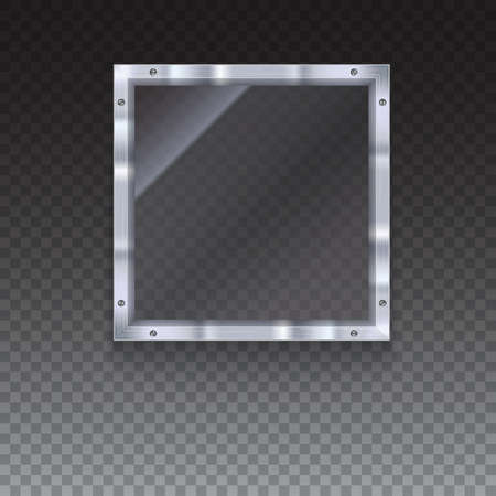 Glass plate with metal frame and bolts on transparent background. Banner of glass and metal frame with reflexes. Technological background for your designのイラスト素材