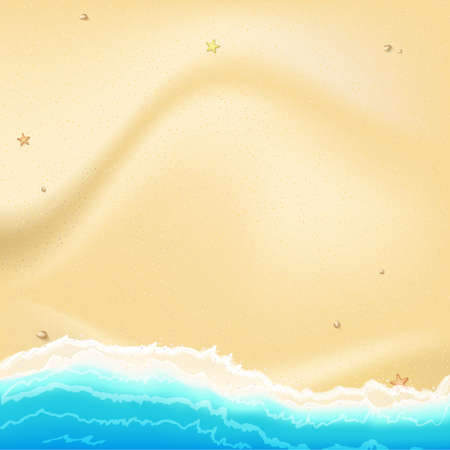Summer travel background. Sunny sandy beach . Tropical seashore with a view of the surf, top view.のイラスト素材