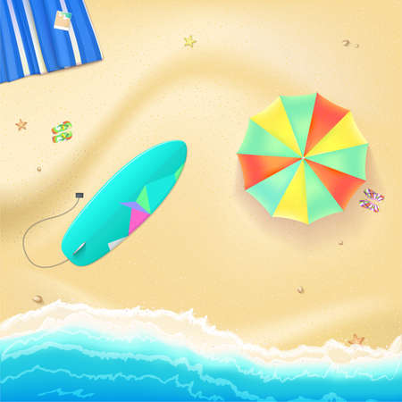 Summer travel background. Sunny sandy beach with umbrella, mat, slippers and a surfboard. Tropical seashore with a view of the surf, top view.のイラスト素材