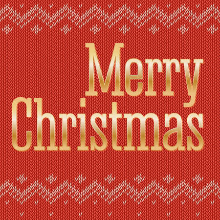 Greeting card on the traditional, classic knitted red background. Gold, yellow metal letters Merry Christmas with reflections and glare. Template, blank greeting cards with new year and Christmasのイラスト素材