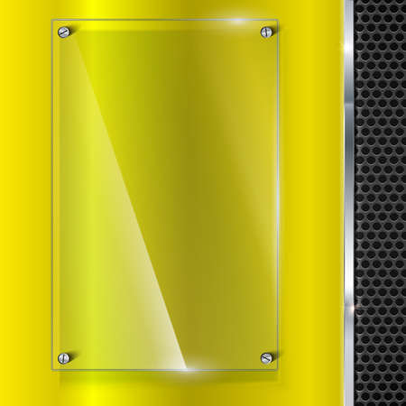 Elegant vector yellow metallic background with glass banner. Color polished texture with highlights and glow on the background of metal mesh. Vector editable texture, easy to change sizeのイラスト素材