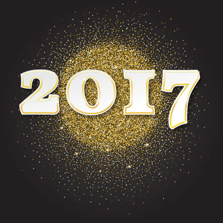 Gold glitter Happy New Year 2017 background. Gold sparkles, invitation template for new year eve....