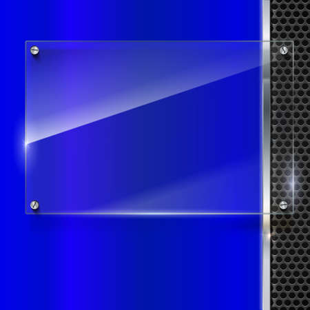 Elegant vector metallic background with glass banner. Color polished texture with highlights and glow on the background of metal mesh. Vector editable texture, easy to change sizeのイラスト素材