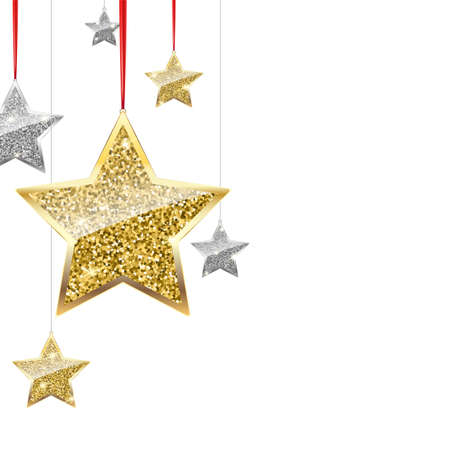 Glitter background with wilver and gold hanging stars.のイラスト素材