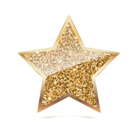 Icon of Five-pointed star with gold sparkles and glitter, glow light, bright sequins, sparkle tinsel, shimmer dust. Five-pointed star sign isolated on white backgroundのイラスト素材