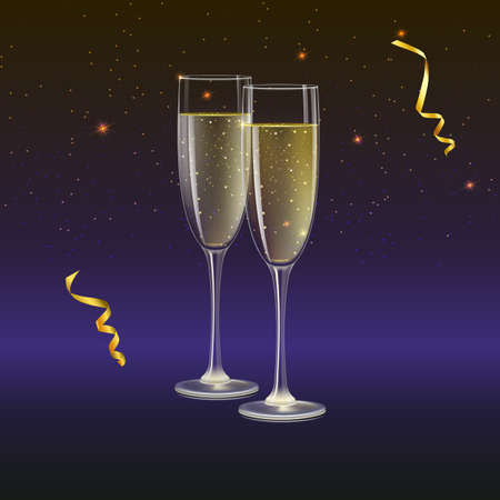 Glasses of champagne and streamer with rays of light on background. Champagne with bubbles in a wineglass with place for your textのイラスト素材