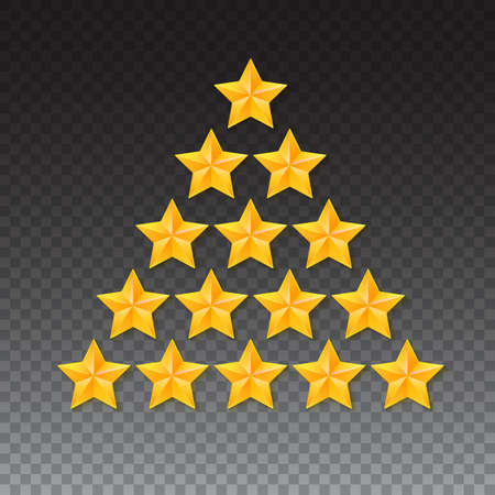 Set of rating stars. Gold, metal five-pointed stars in the shape of a Christmas tree. isolated on transparent backgroundのイラスト素材