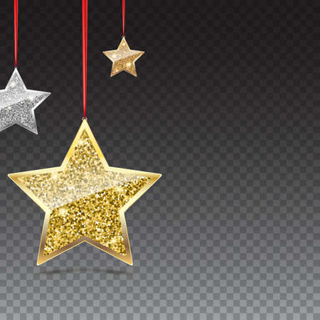 Glitter background with silver and gold hanging stars. Merry Christmas, Happy New Year greeting card on transparent background. Template for vip banners or card, exclusive certificate, luxury voucherのイラスト素材