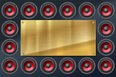 Audio speakers, subwoofers, wall of sound loudspeaker with red diffuser isolated on dark background. Metallic banner with copy space, place for your text.のイラスト素材