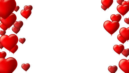 Abstract background with flying colored balloons. Template for greeting card with air balloons in the shape of a heart. Festive mock-up for greeting cards, presentations, ad with inflatable balloonsのイラスト素材