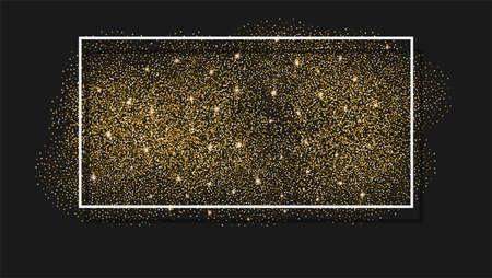 Gold glitter background. Golden design in frame, border for greeting card, flyer poster, sign, banner, web header. Abstract sparkle, sequin texture.のイラスト素材