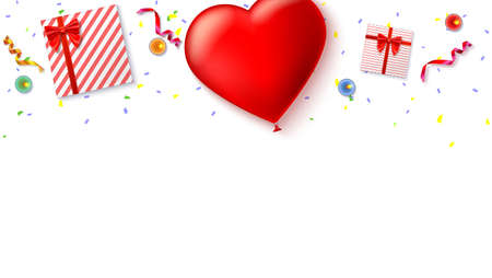 Red inflatable balloon in the shape of a heart with gift boxes, candles, tinsel and confetti on white background. Template for creative persons. Best background for holiday, festive greetings cards.のイラスト素材
