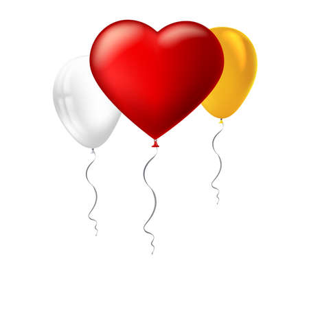 Bright red heart, the inflatable balloon in the shape of a big heart with tape, ribbon and other colored inflatable balloons. Greeting card for your friends, loved ones on white background.のイラスト素材