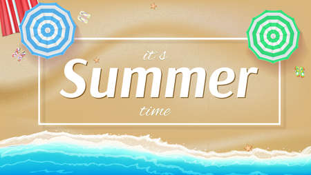 Summer background, banner with seashore, sun umbrellas, golden sands and beach Mat. Big inscription Summer into the white frame with shadowのイラスト素材