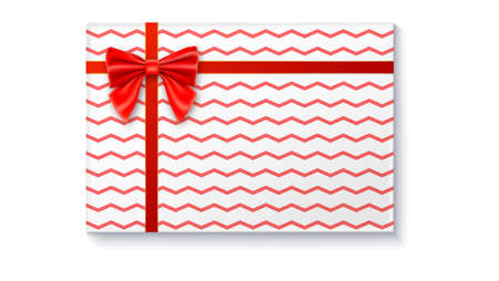 Gift box with big red bow and ribbon, isolated on white background. Top view on gift packaged in a paper with patternのイラスト素材