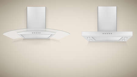 Kitchen hood, two versions of the device for ventilation in the kitchen is white with shadows on colored background. 3D icon, close-upのイラスト素材