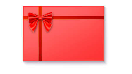 Gift box with big red bow and ribbon, isolated on white background. Top view on gift packaged in a paperのイラスト素材