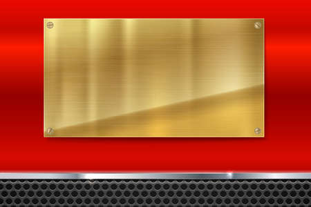 Shiny brushed metal gold, yellow plate with screws. Stainless steel banner on red polished background with metal strip and black mesh, vector illustration for youのイラスト素材