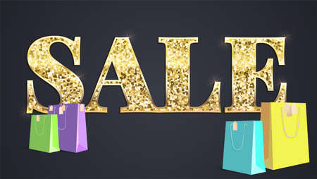 Black sale background. Glittering text Sale with colored paper shopping bag with labels new purchased items. Banner in HD format for your business ad about discount.のイラスト素材