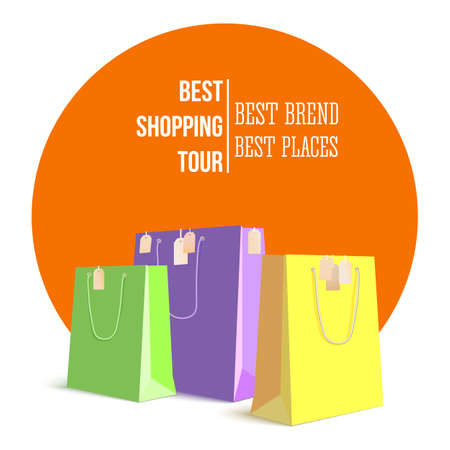 Best shopping tour, advertising banner with paper bags and label from new purchased items on bright orange backdrop. Template, mock-up with yellow, green and violet paper bags for shopping.のイラスト素材