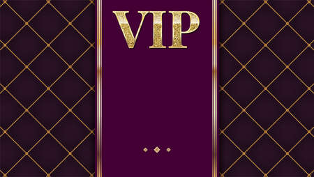 VIP premium invitation card, poster or flyer for party. Golden design template with glittering shine text. Quilted pattern decorative background with gold ribbon and text badge.のイラスト素材