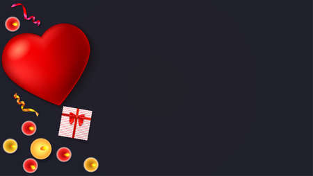 Romantic background, big red heart, burning candles, gift box with red bow and ribbon, colored serpentine, close-up on dark background. Template for greeting cards, invention or greetingsのイラスト素材