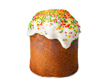 Easter cake with a white cap made of icing and colored powder isolated on white background....