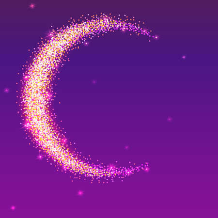Half of the moon from gold glittering star dust on a colored background. Golden symbol for for flyer, poster or banner. Template with texture for your design or business.のイラスト素材
