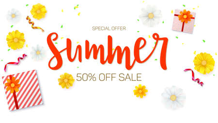 Summer sale ad banner. Top view. Gift box with red ribbon and bow, burning, lighted candle, with serpentine and confetti on white background. Template for online shopping.のイラスト素材