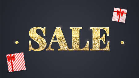 Black sale background. Glittering text Sale, colored paper shopping bag with labels new purchased items and gift boxes. Banner in HD format for your business ad about discount.のイラスト素材