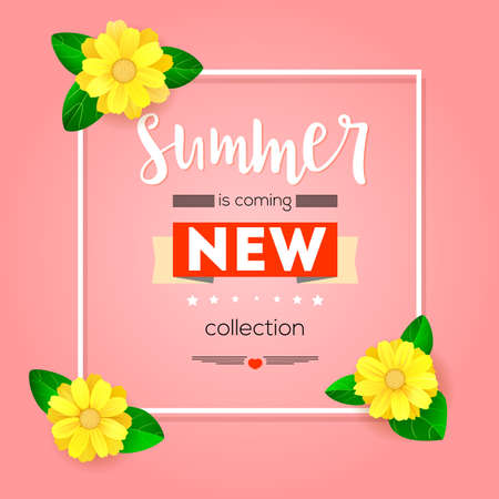 Summer new collection banner. Vintage style text poster with graphic elements and daisies. Yellow flower with green leaf. Template, mock-up online shopping, advertising actions, magazines and other.のイラスト素材