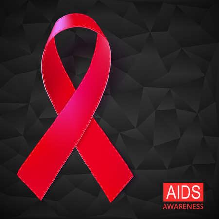 Realistic red ribbon vector illustration on black background made of triangles. Symbol of AIDS, HIV, heart disease, stroke awareness sign.のイラスト素材