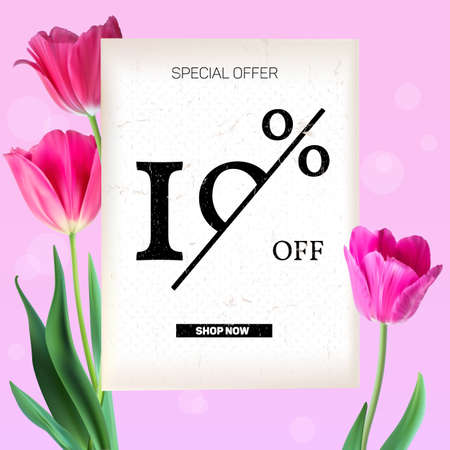 Selling ad banner, vintage text design. Discounts, sale background with beautiful colorful tulips. Template, mock-up for online shopping, advertising actions with percentage of discounts.のイラスト素材