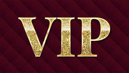 VIP golden letters with glitter on abstract quilted background, luxury card. Golden symbol of exclusivity. Very important person - VIP icon. Template for invitation, cover or banner.のイラスト素材