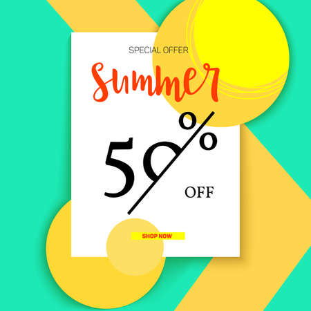 Summer selling ad banner, vintage text design. Summer fifty percent discount. Holiday discounts, sale background on a color graphic backdrop. Template for shopping, advertising, banner, billboard.のイラスト素材