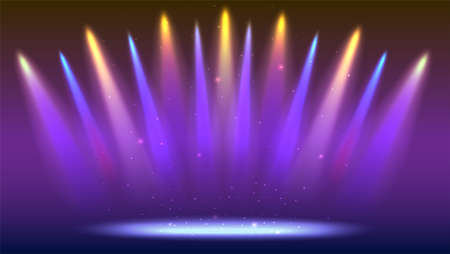 Background with rays of light from the colored spotlights. Bright lighting with coloring spotlights, projector. Shined scene, illumination effects on dark backdrop.のイラスト素材
