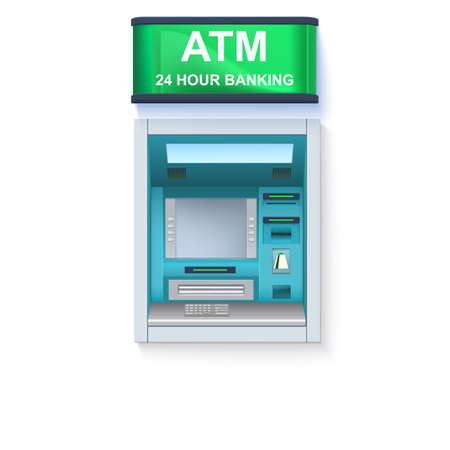 Bank Cash Machine. ATM - Automated teller machine with blank screen and carefully drawn details on white backdrop. Template for flyers, cover, presentation or poster.のイラスト素材