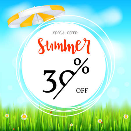 Summer selling ad banner. Thirty percent holiday discounts. Big yellow sun, green field, white clouds and blue sky. Template for shopping, advertising signboard, price reduction poster or banner.のイラスト素材