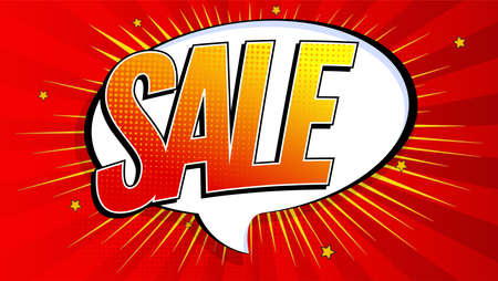 Sale pop art splash background, explosion in comics book style. Advertising signboard, price reduction, sale with halftone dots, cloud beams light on red backdrop. Vector for ad, covers, posters.のイラスト素材