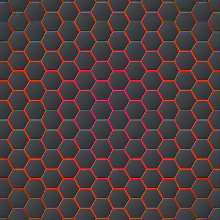 Honeycombs abstract 3d hexagonal seamless backdrop with blue electricity light. Metallic hexagons on red background. Template for cover, posters, banners and other.のイラスト素材