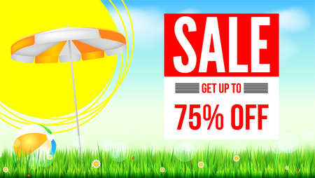 Summer selling ad banner, vintage text design. Seventy five percent discounts, hot summer sale background, with sun umbrella and inflatable beach ball, sun, green field, clouds and blue skyのイラスト素材