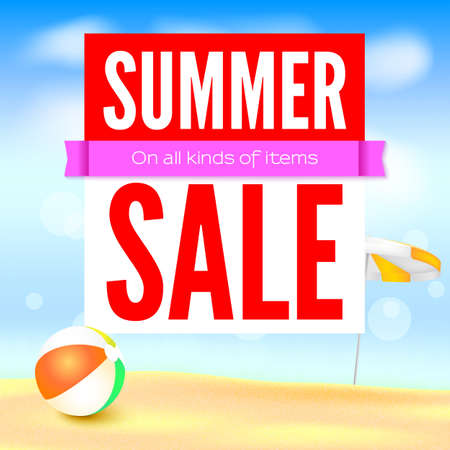 Selling ad banner, vintage text design. Fifty percent summer hot discounts, The sandy beach background with sun umbrella and inflatable ball. Template for online shopping, advertising actions.のイラスト素材