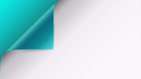 Page curl with shadow on blank sheet of paper. Vector curled corner of white paper with shadow. Close-up isolated on turquoise background. Paper sticker, 3D illustrationのイラスト素材