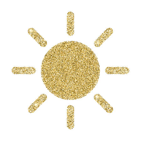 Sun icon with glitter effect, isolated on white background. Outline icon, vector pictogram. Symbol from golden particles dust.のイラスト素材