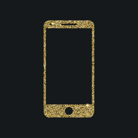 Mobile phone icon with glitter effect, isolated on black background. Outline icon, vector pictogram. Symbol of smartphone from golden particles dust.のイラスト素材